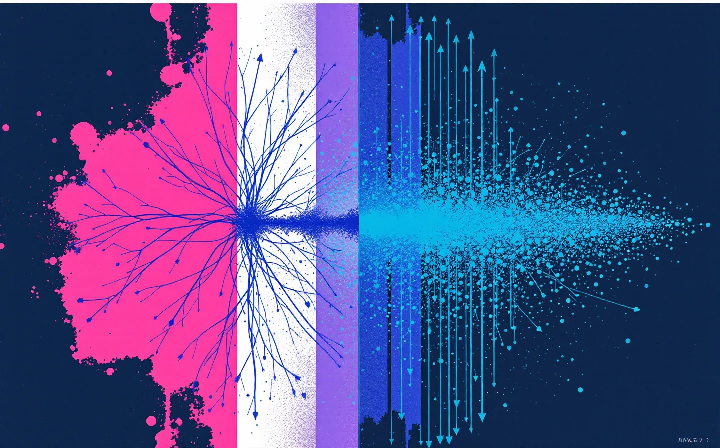 Risograph print overprinting a magenta angiogenesis motif and a cyan cell-migration arrow field with a purple overlap, representing the BPC-157 and TB-500 layers
