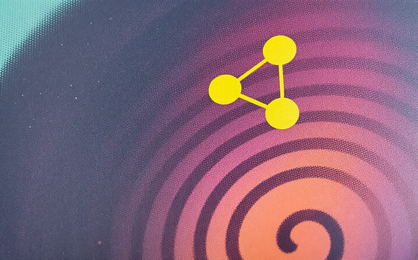 Risograph print of a yellow tripeptide with a copper-ion square and magenta collagen spirals, representing the GHK-Cu layer of the KLOW blend