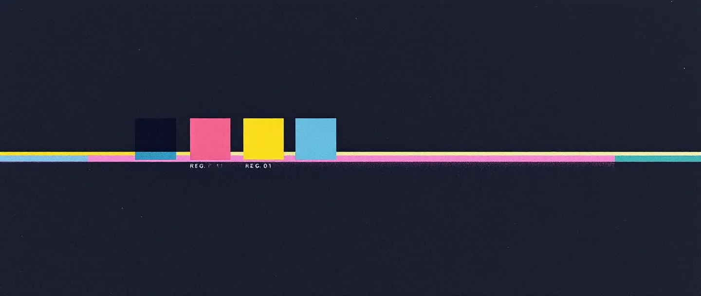 Risograph section divider band with four misregistered spot-ink registration squares, a crosshair, and a yellow rule with a magenta ghost on a dark navy ground